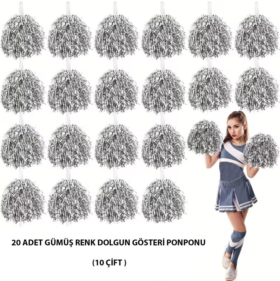Mey İthalat® 10 Çift ( 20 Adet ) Gümüş Renk 23 Nisan 19 Mayıs 29 Ekim Okul Gösteri Ponponları