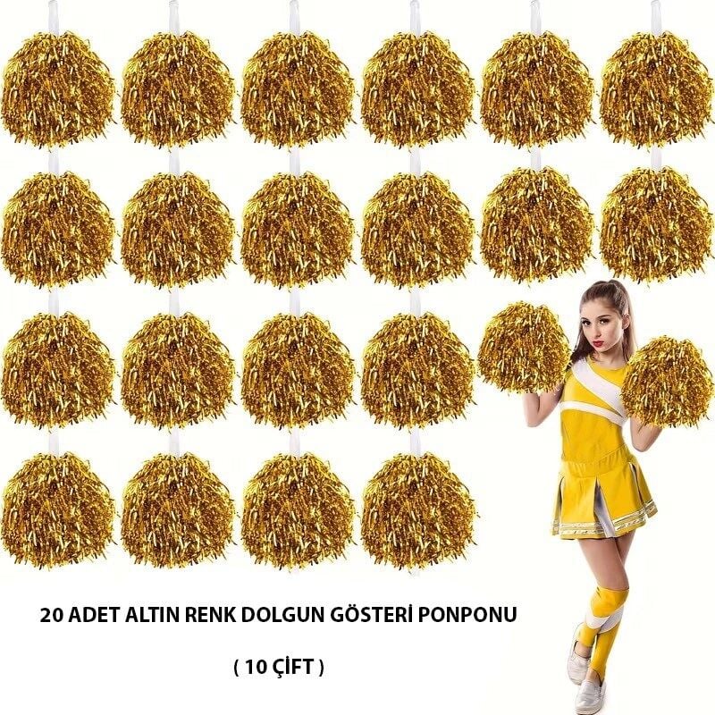 Mey İthalat® 10 Çift ( 20 Adet ) Altın Renk 23 Nisan 19 Mayıs 29 Ekim Okul Gösteri Ponponları