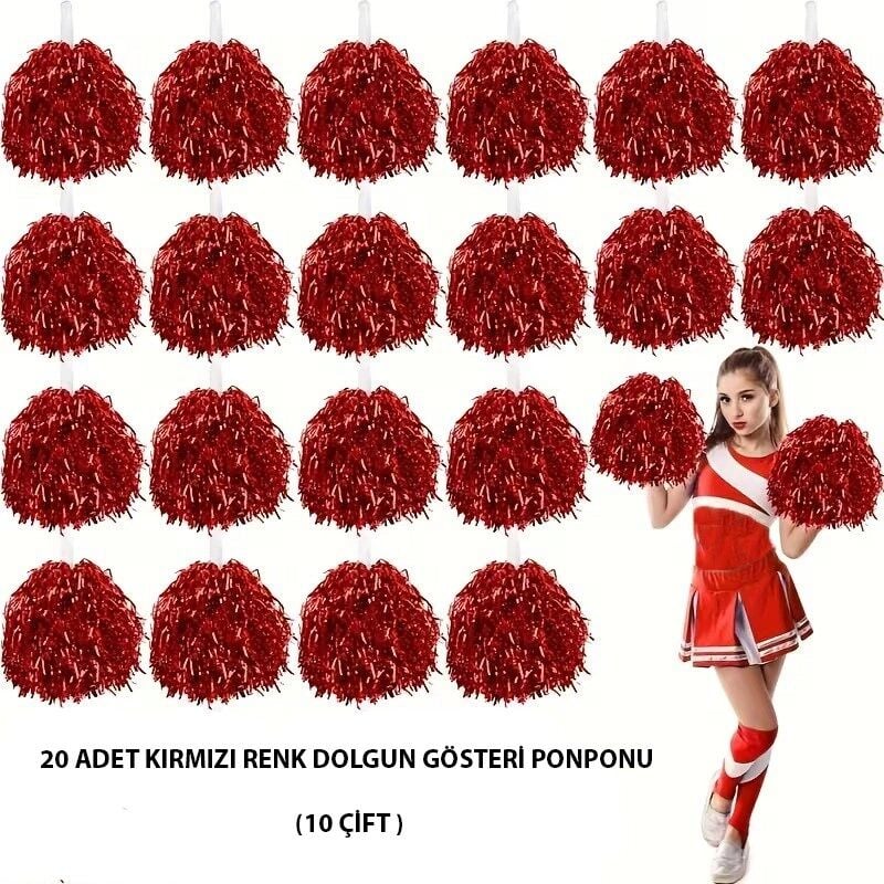 Mey İthalat® 10 Çift ( 20 Adet ) Kırmızı Renk 23 Nisan 19 Mayıs 29 Ekim Okul Gösteri Ponponları