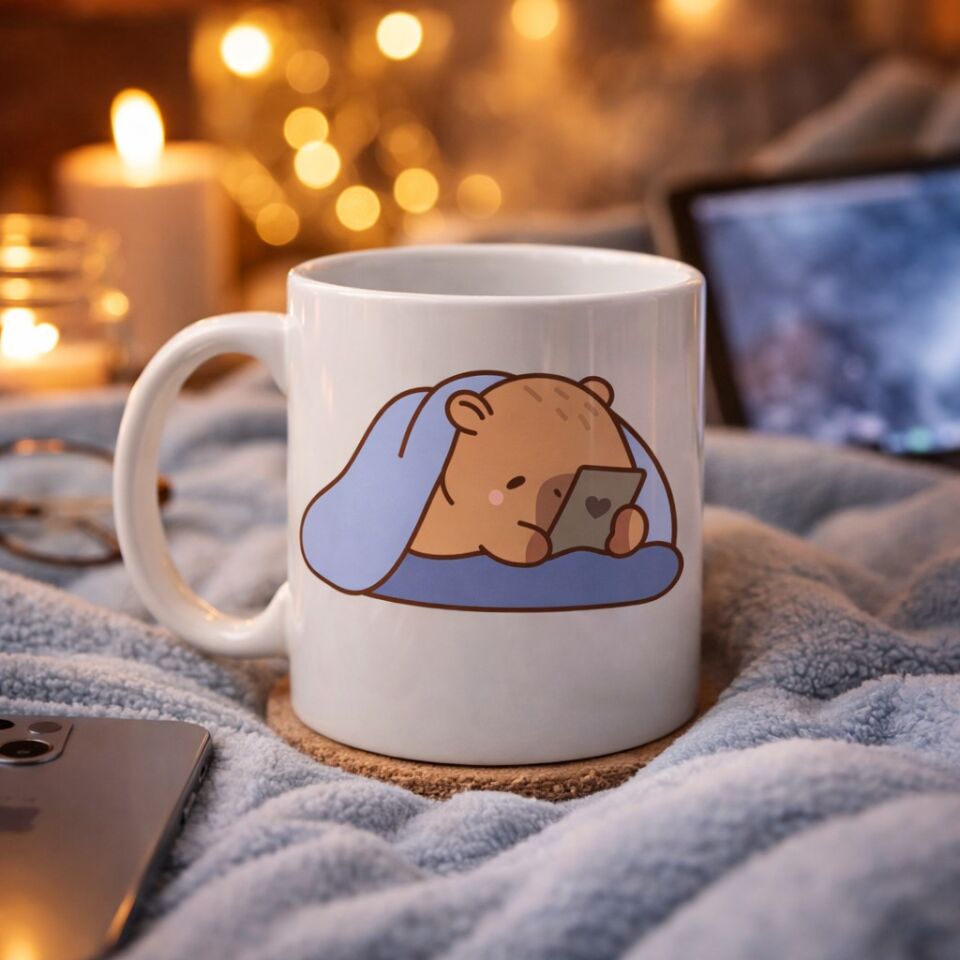 Uyuyan Kapibara Tasarımlı Porselen Kupa MODEL 104 – Telefonlu Sevimli Desen , Kahve & Çay Kupası , Hediye Fikri
