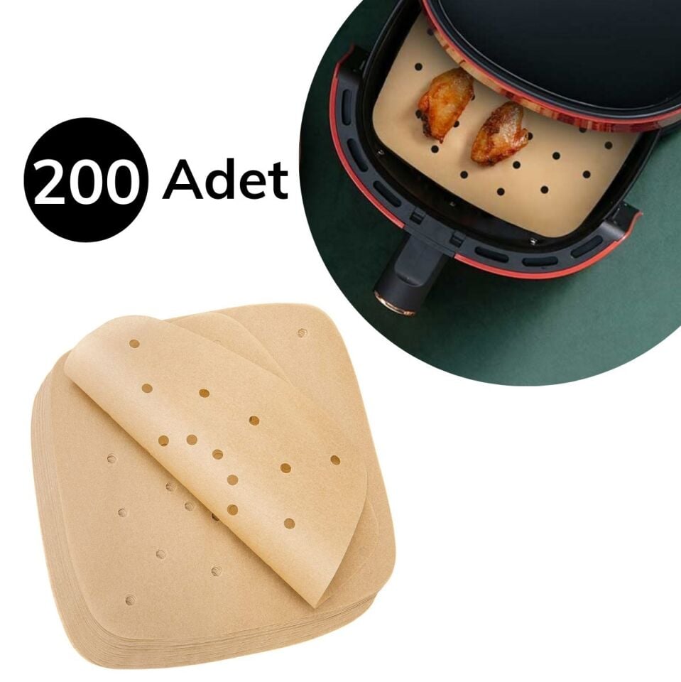 AD 200 Adet Air Fryer Pişirme Kağıdı Tek Kullanımlık Pişirme Kağıdı Delikli Kare Model