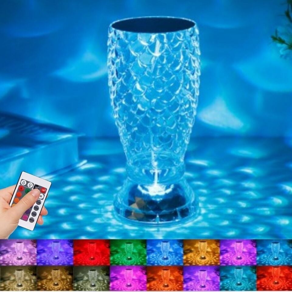 AD Balık Süzgeç Model USB Şarjlı Kumandalı 16Farklı Işık Modlu Masa Üstü Kristal Akrilik Led