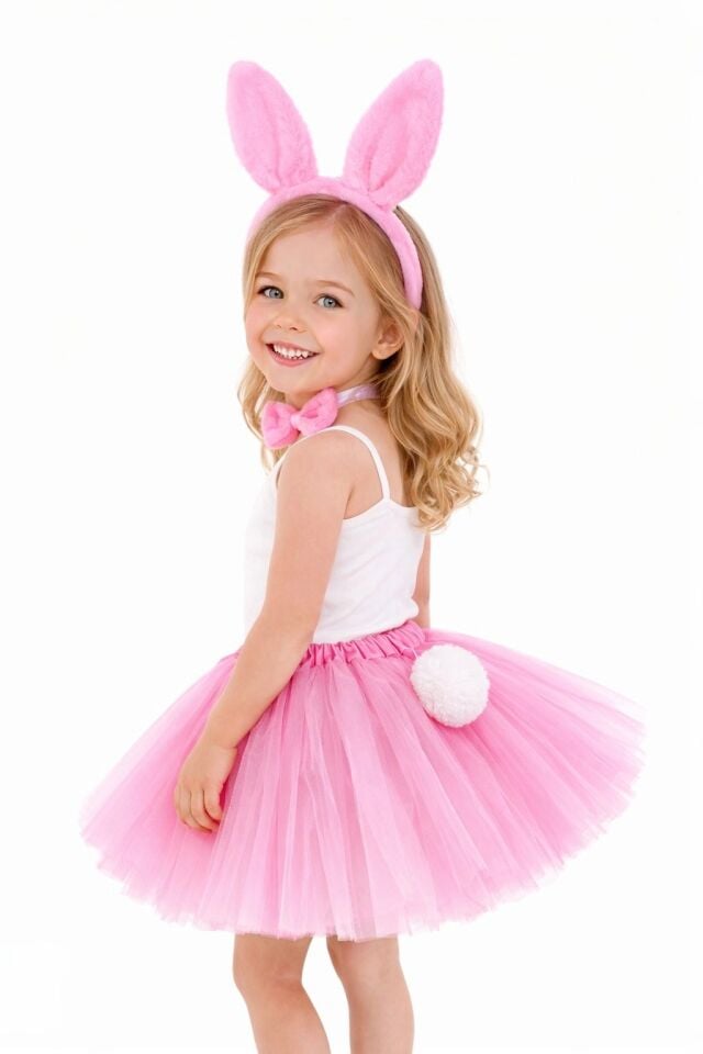 Mey İthalat® Kız Çocuk Tamamen Pembe Tavşan Kulaklı Kostüm Seti – Tütü Etekli 4 Parça