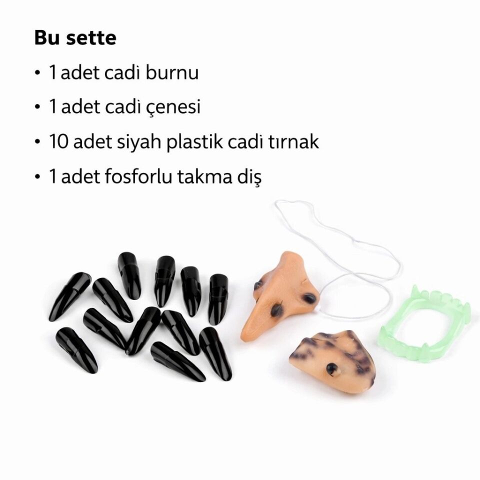 Mey İthalat® Cadı Aksesuar Seti – Burun, Çene, Fosforlu Diş ve 10 Adet Siyah Tırnak