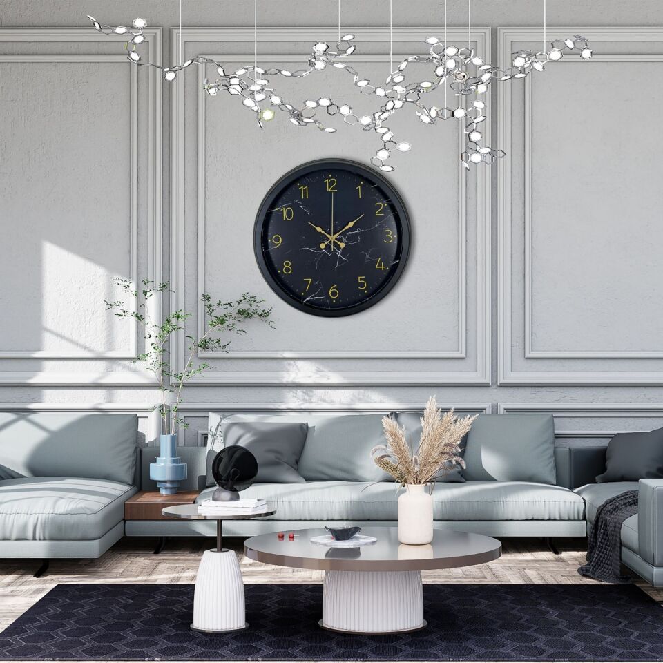 Siyah 40 Cm Mermer Desenli Metal Duvar Saati