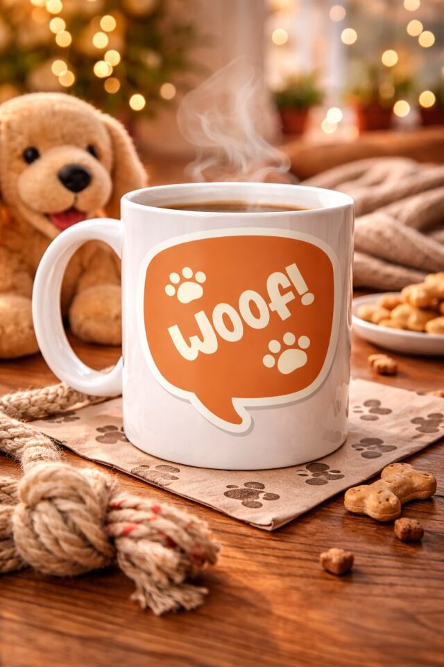 Woof! Köpek Temalı Porselen Kupa Model 54 – Sevimli Patili Tasarım, Kahve & Çay Kupası, Hayvanseverlere Özel Hediye