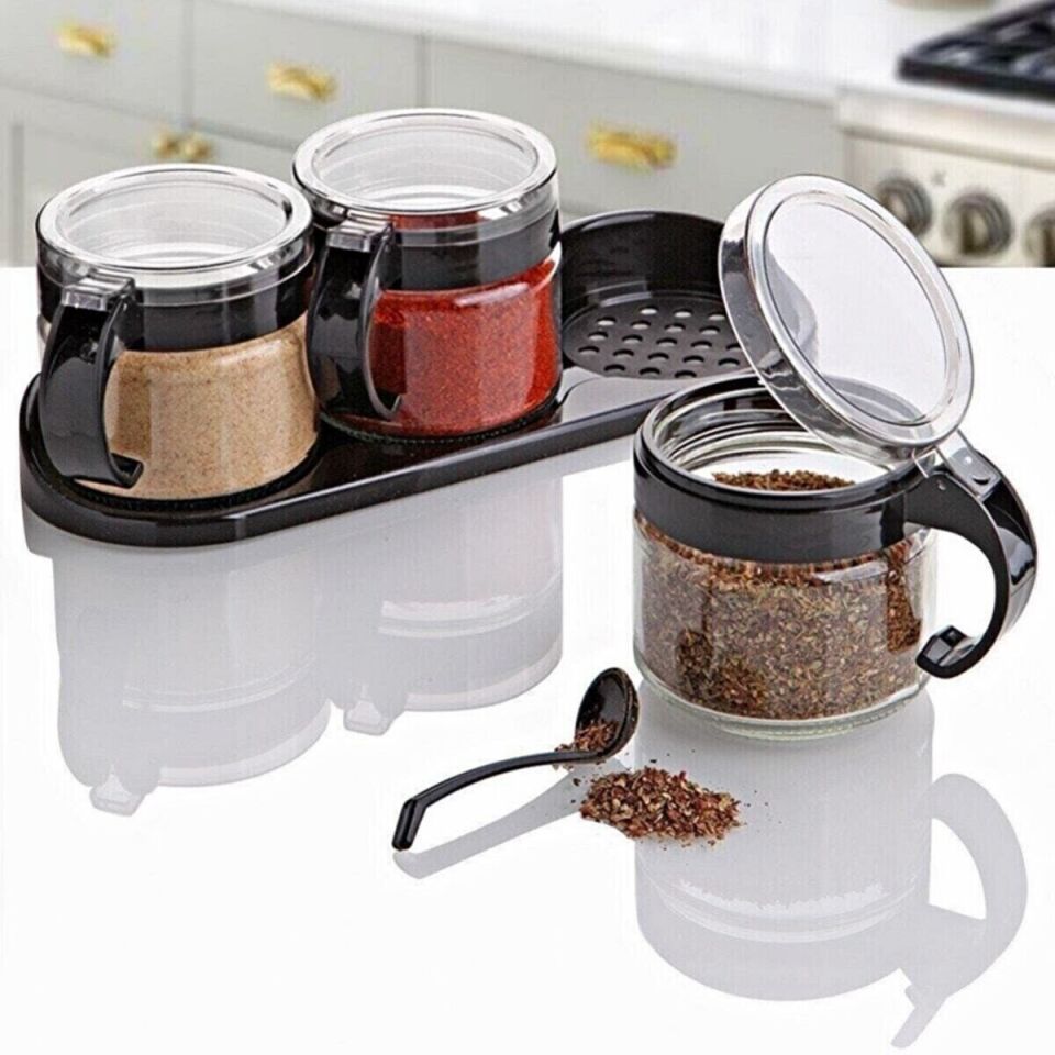 AD Siyah 3lü Standlı Kapaklı Kaşıklı Cam Hava Sızdırmaz Baharatlık Takımı KC-386