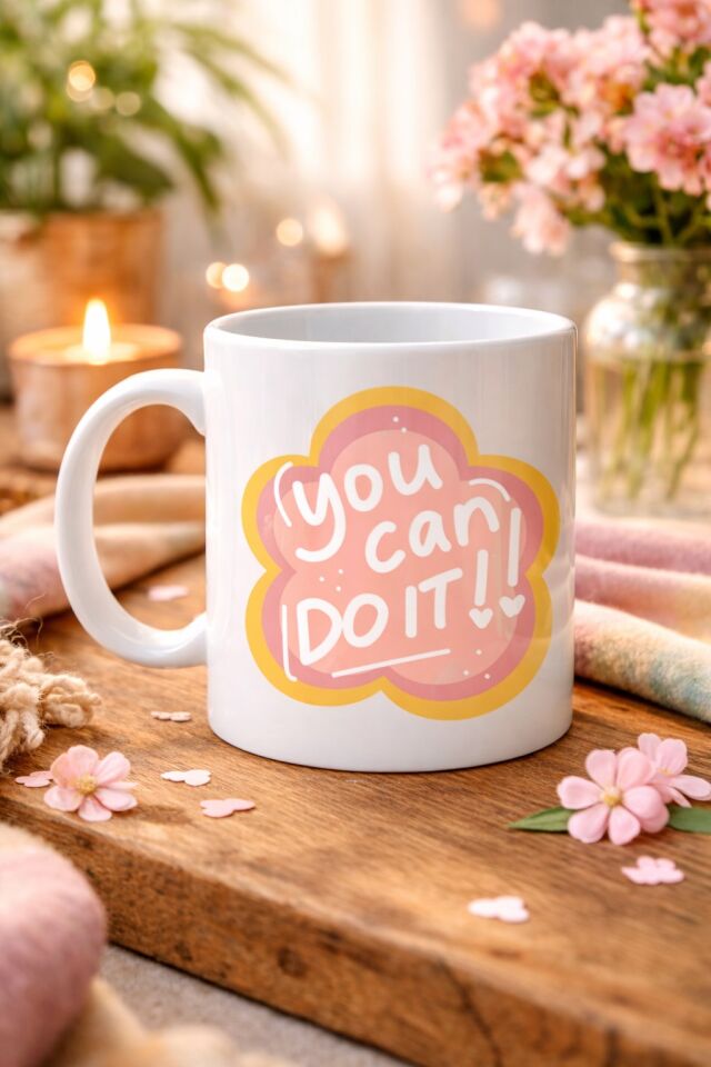 You Can Do It Yazılı Porselen Kupa MODEL 126 – Motive Edici Mesajlı, Çiçek Tasarımlı, Pozitif Enerji Veren Hediye Kupası
