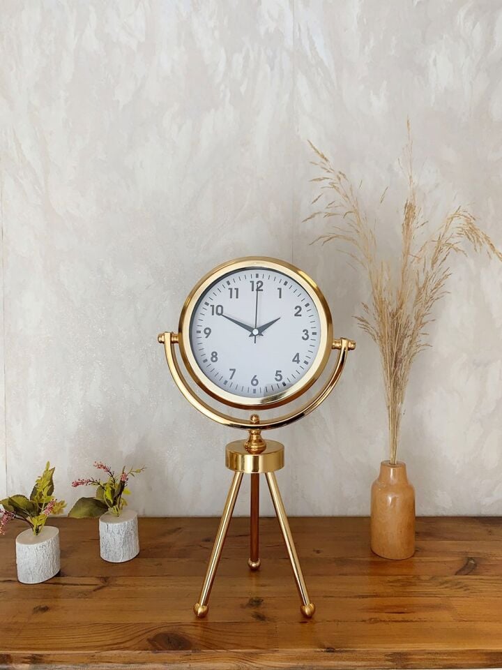 Gold Metal Mini Tripod Lüks Masa Saati 45×26 cm