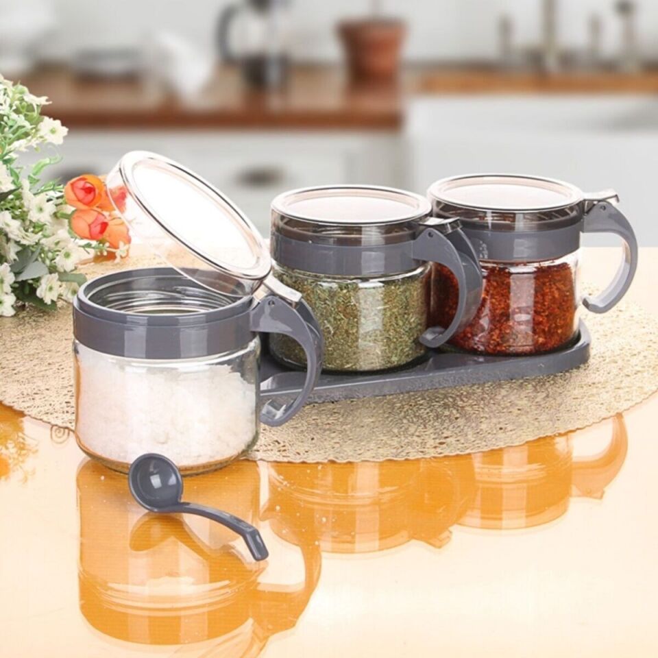 AD Gri  3lü Standlı Kapaklı Kaşıklı Cam Hava Sızdırmaz Baharatlık Takımı KC-386