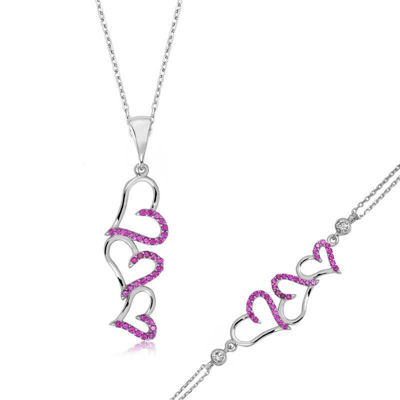 925 Ayar Gümüş Pembe Üç Kalpli Set ST1160070 (491491)