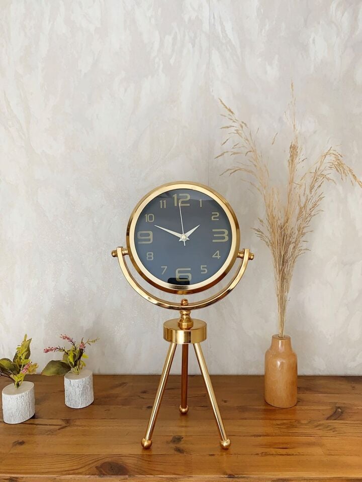 Gold Metal Mini Tripod Siyah İnci Masa Saati 45×26 cm – Şık ve Modern Dekoratif Tasarım