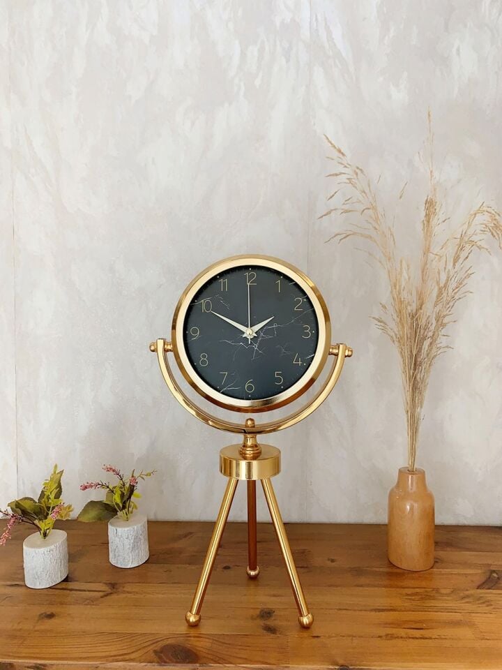 Gold Metal Mini Tripod Mermer İlhamı Masa Saati 45×26 cm