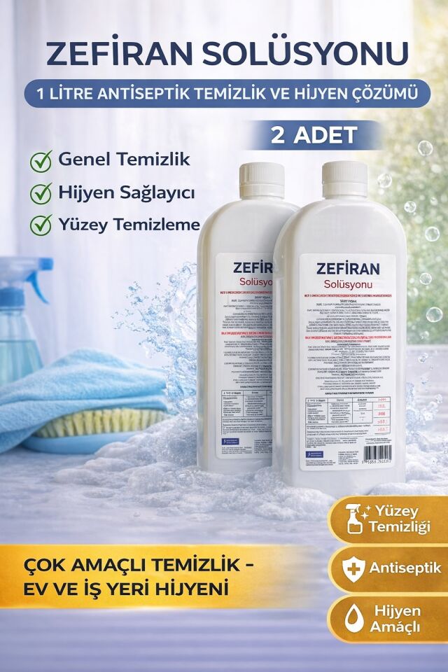 Zefiran Solüsyonu 1 Litre 2 Adet Set Antiseptik Hijyen ve Çok Amaçlı Temizlik Solüsyonu