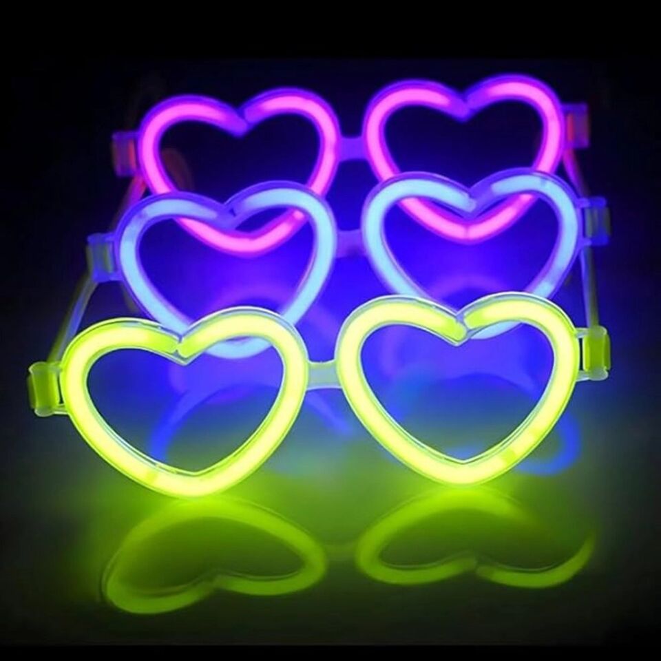Mey İthalat® Glow Kalpli Fosforlu Gözlük 6’lı Renkli Set – Neon Parti
