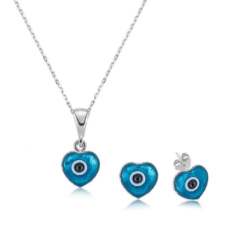 925 Ayar Gümüş Kalpli Nazar Set ST1160098 (491491)
