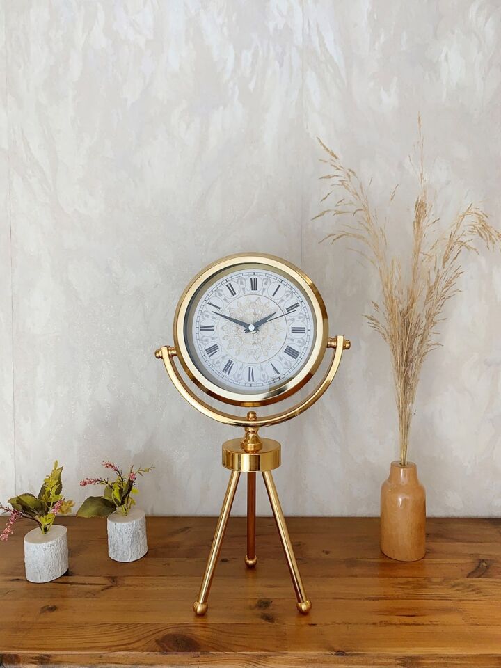 Gold Metal Mini Tripod Çini Desenli Roma Rakamı Masa Saati 45×26 cm