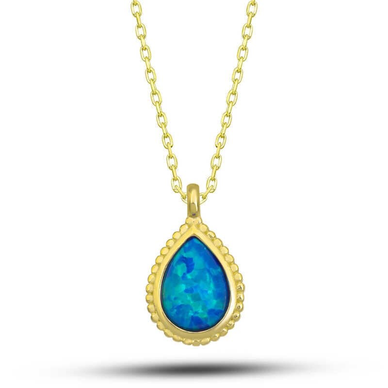 925 Ayar Gümüş Gold Damla Mavi Opal Taşlı Kadın Kolye T7733 (491491)