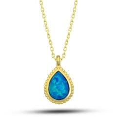 925 Ayar Gümüş Gold Damla Mavi Opal Taşlı Kadın Kolye T7733 (491491)