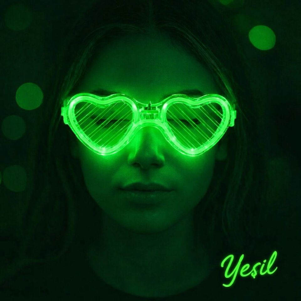 Mey İthalat® Yeşil LED Işıklı Kalp Gözlük – 3 Modlu Parti & Glow Gözlüğü