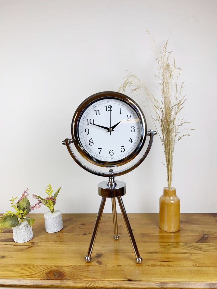 Krom Metal Mini Tripod Dekoratif Masa Saati 45×26 cm