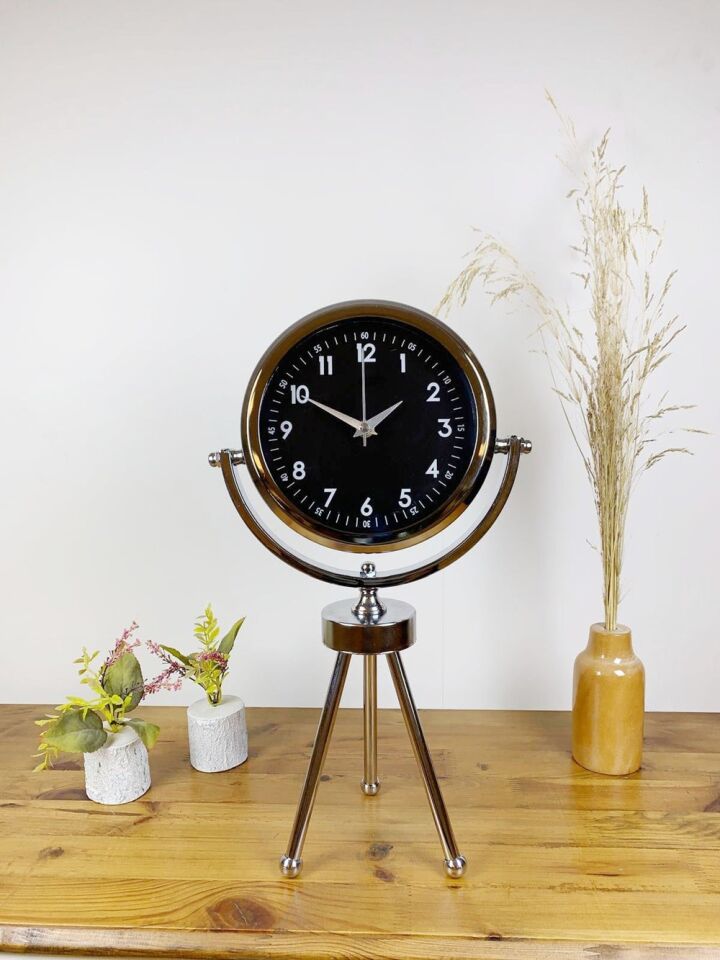 Krom Metal Mini Tripod Gece Siyahı Masa Saati 45×26 cm