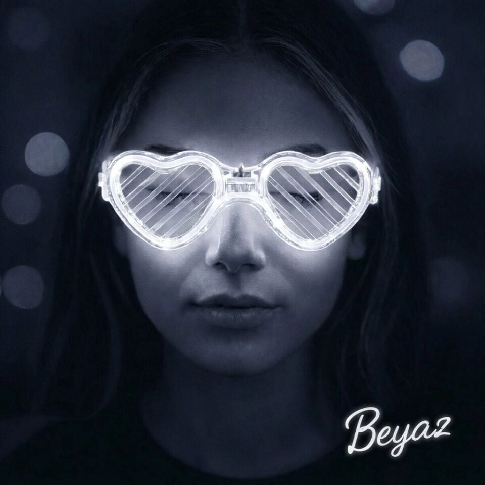 Mey İthalat® Beyaz LED Işıklı Kalp Gözlük – 3 Modlu Parti & Glow Gözlüğü