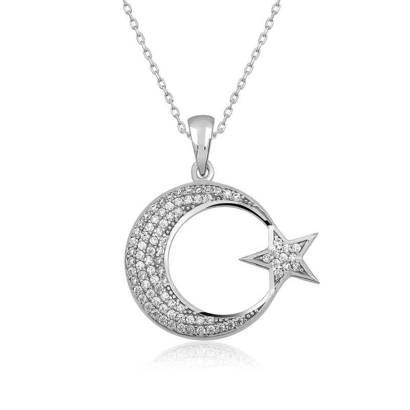 925 Ayar Gümüş Ay Yıldız Kadın Gümüş Kolye T4549 (491491)