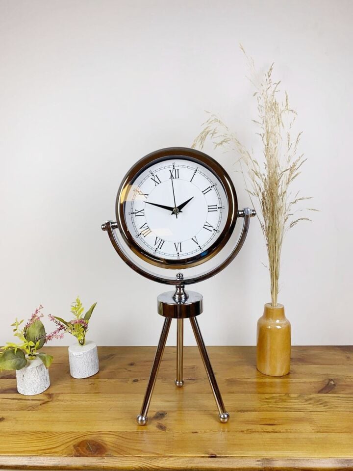 Krom Metal Mini Tripod Retro Masa Saati 45×26 cm