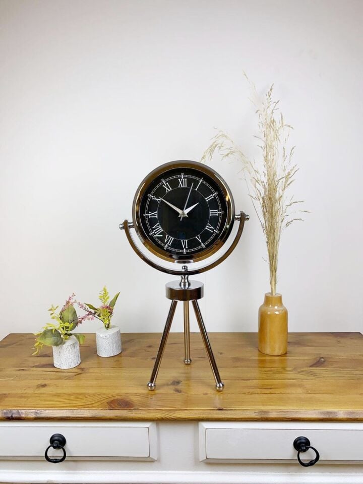 Krom Metal Mini Tripod Siyah Retro Masa Saati 45×26 cm