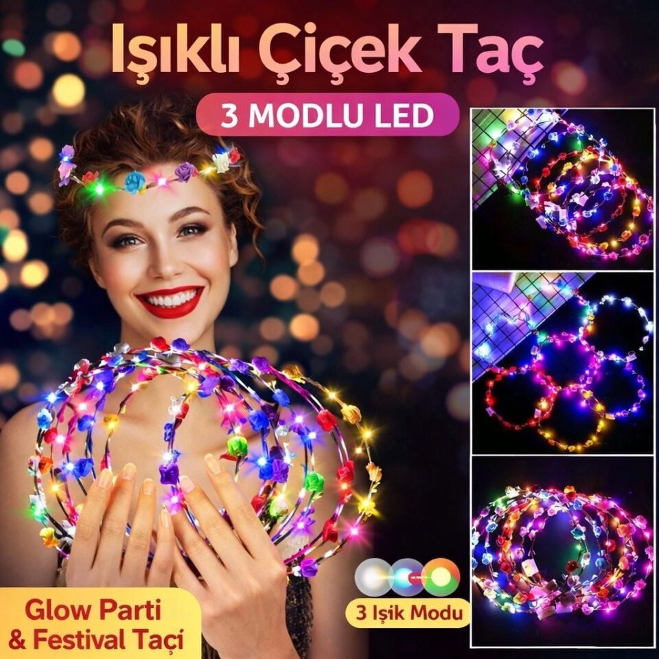 Mey İthalat® Renkli LED Çiçek Taç – 3 Işık Modlu Glow Parti Tacı