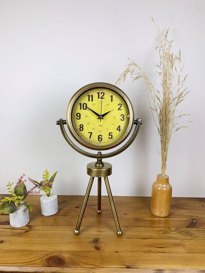 Eskitme Metal Mini Tripod Vira Masa Saati 45×26 cm