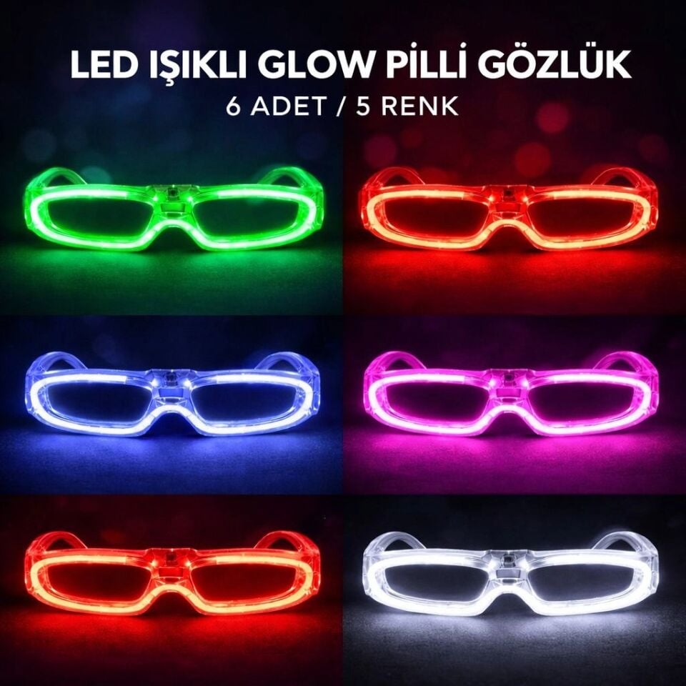 Mey İthalat® LED Işıklı Glow Pilli Parti Gözlüğü - Glow Efektli 6 Adet 5 Renk