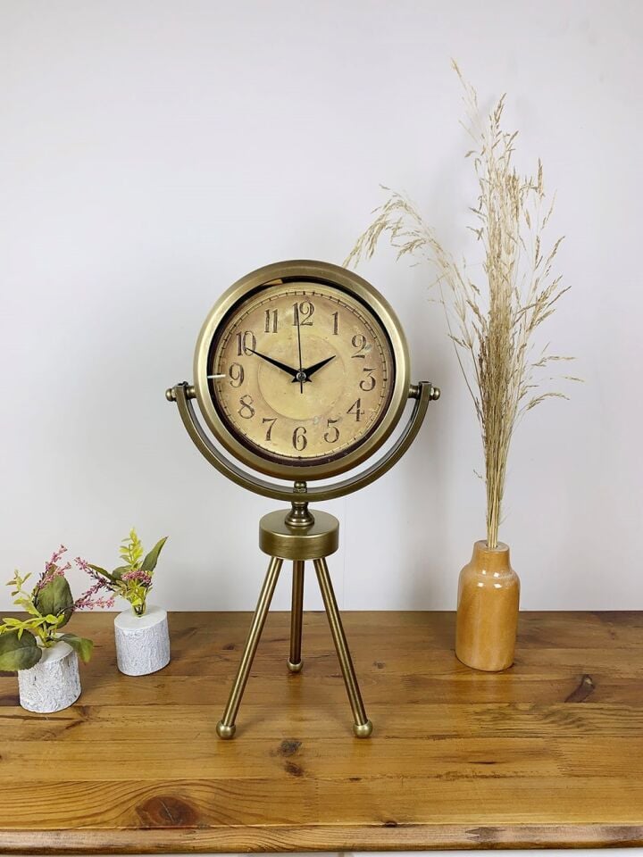 Eskitme Metal Mini Tripod Dekoratif Masa Saati 45×26 cm