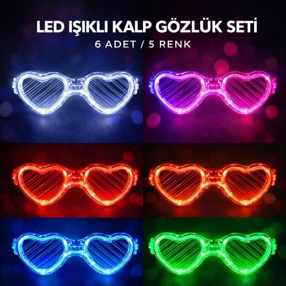 Mey İthalat® LED Işıklı Kalp Glow Pilli Parti Gözlüğü – 6 Adet / 5 Renk Set