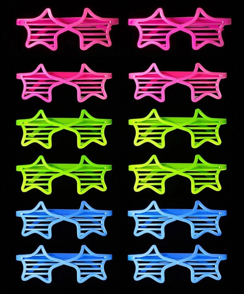 Mey İthalat® Retro Neon Fosforlu Yıldız Panjur Gözlük 12 Adet – 80’ler 90’lar Parti Stili