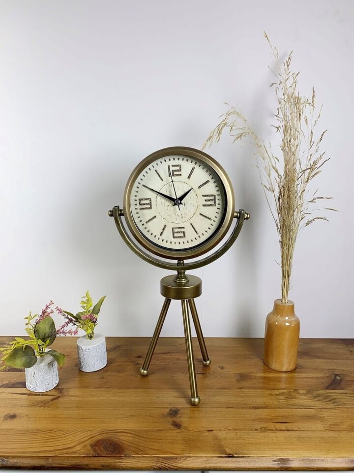 Eskitme Metal Mini Tripod Vintage Masa Saati 45×26 cm