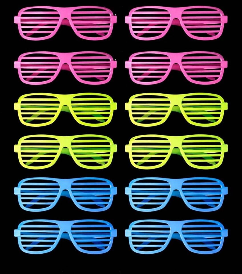 Mey İthalat® Retro Neon Fosforlu Panjur Gözlük 12 Adet – 80’ler 90’lar Parti Stili