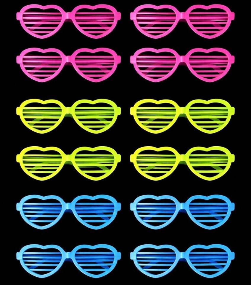 Mey İthalat® Retro Neon Fosforlu Kalp Panjur Gözlük 12 Adet – 80’ler 90’lar Parti Stili