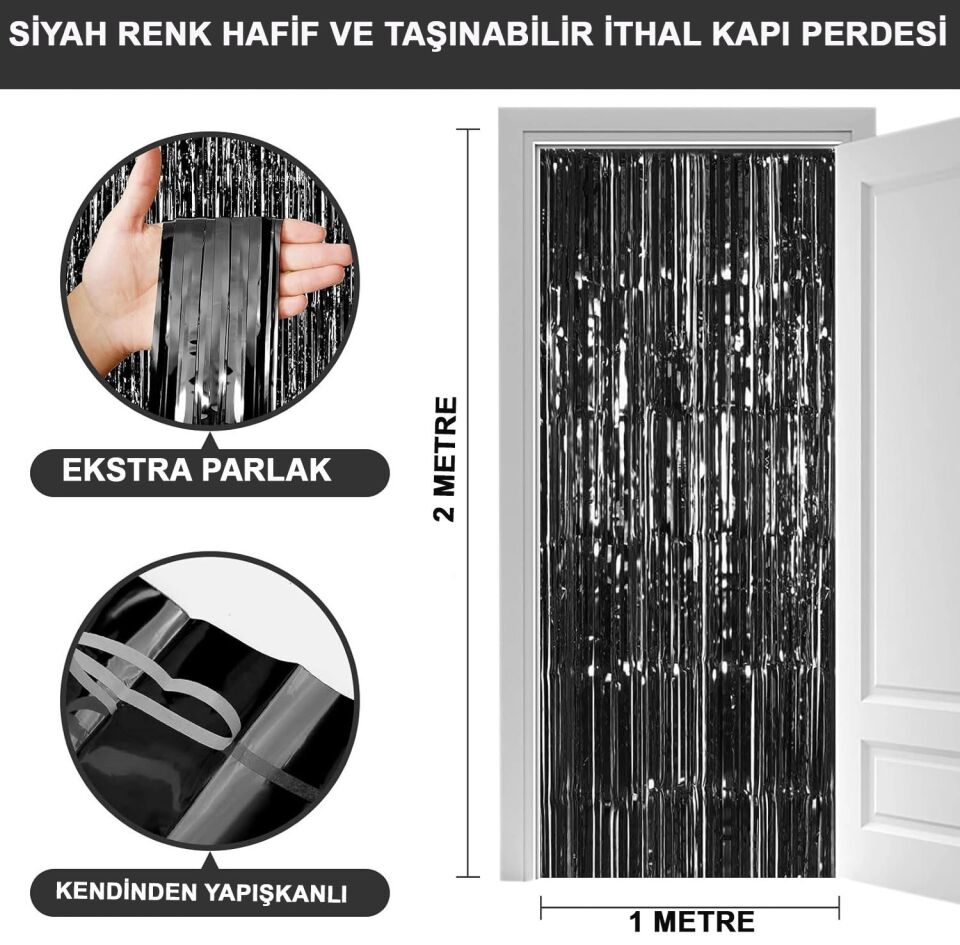 Mey İthalat® Siyah Renk Ekstra Metalize Parlak Saçaklı Arka Fon Perde İthal A Kalite 1x2 Metre
