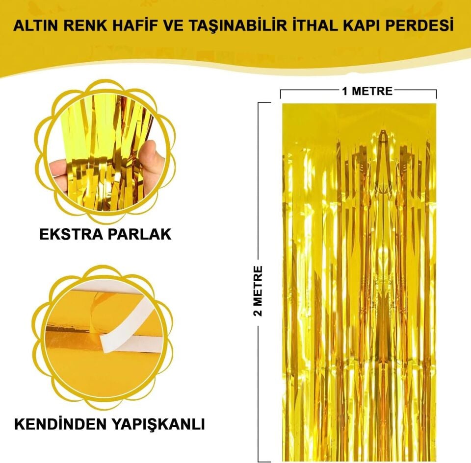 Mey İthalat® Altın Gold Renk Ekstra Metalize Parlak Saçaklı Arka Fon Perde İthal A Kalite 1x2 Metre