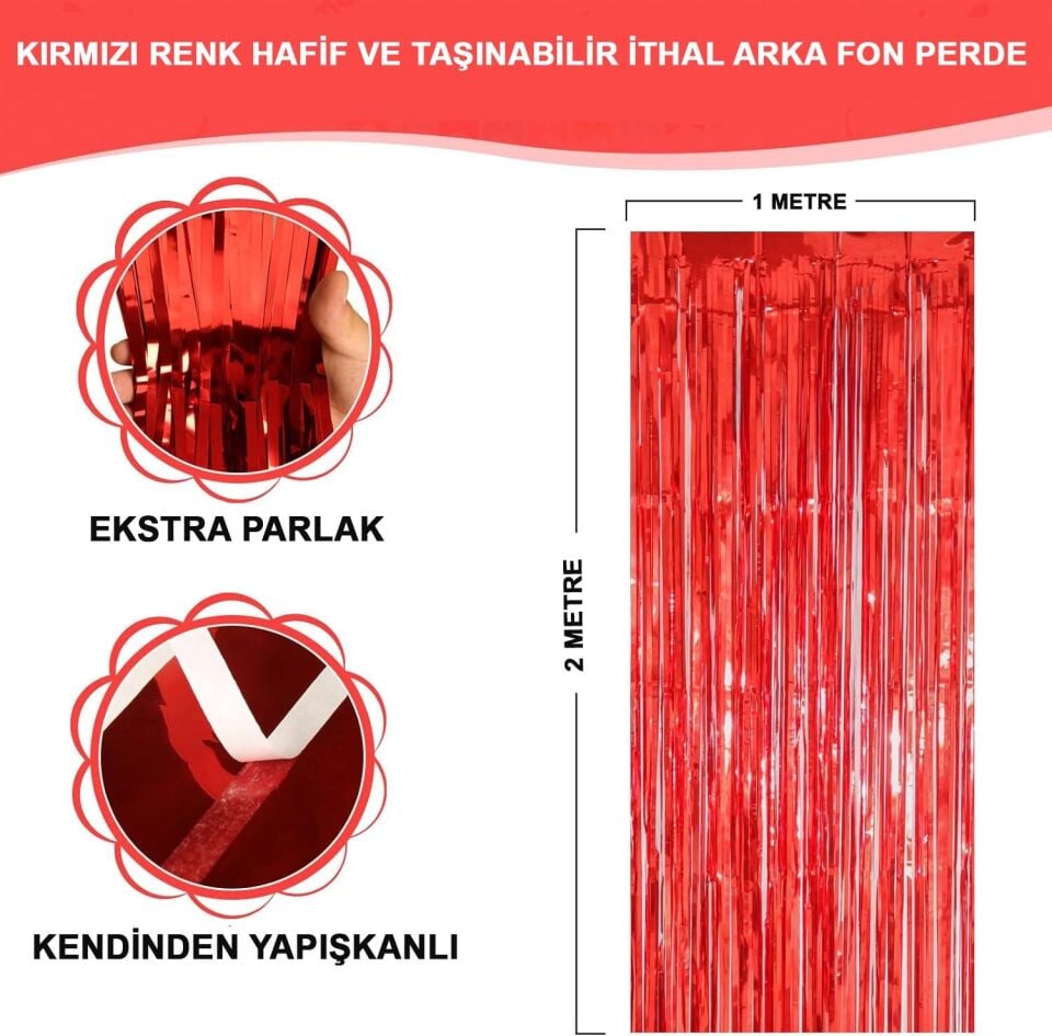 Mey İthalat® Kırmızı Renk Ekstra Metalize Parlak Saçaklı Arka Fon Perde İthal A Kalite 1x2 Metre