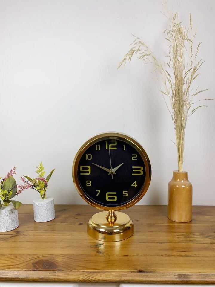 Gold Metal Siyah İnci Masa Saati 25×20 cm