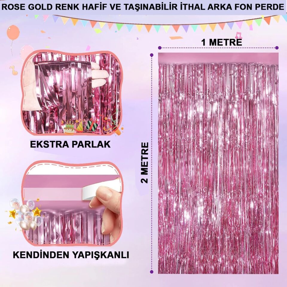 Mey İthalat® Rose Gold Renk Ekstra Metalize Parlak Saçaklı Arka Fon Perde İthal A Kalite 1x2 Metre
