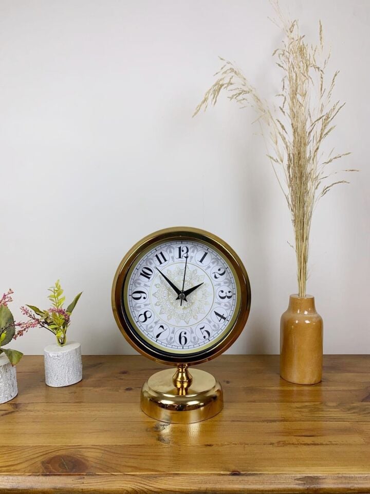 Gold Metal Çini Desen Masa Saati 25×20 cm