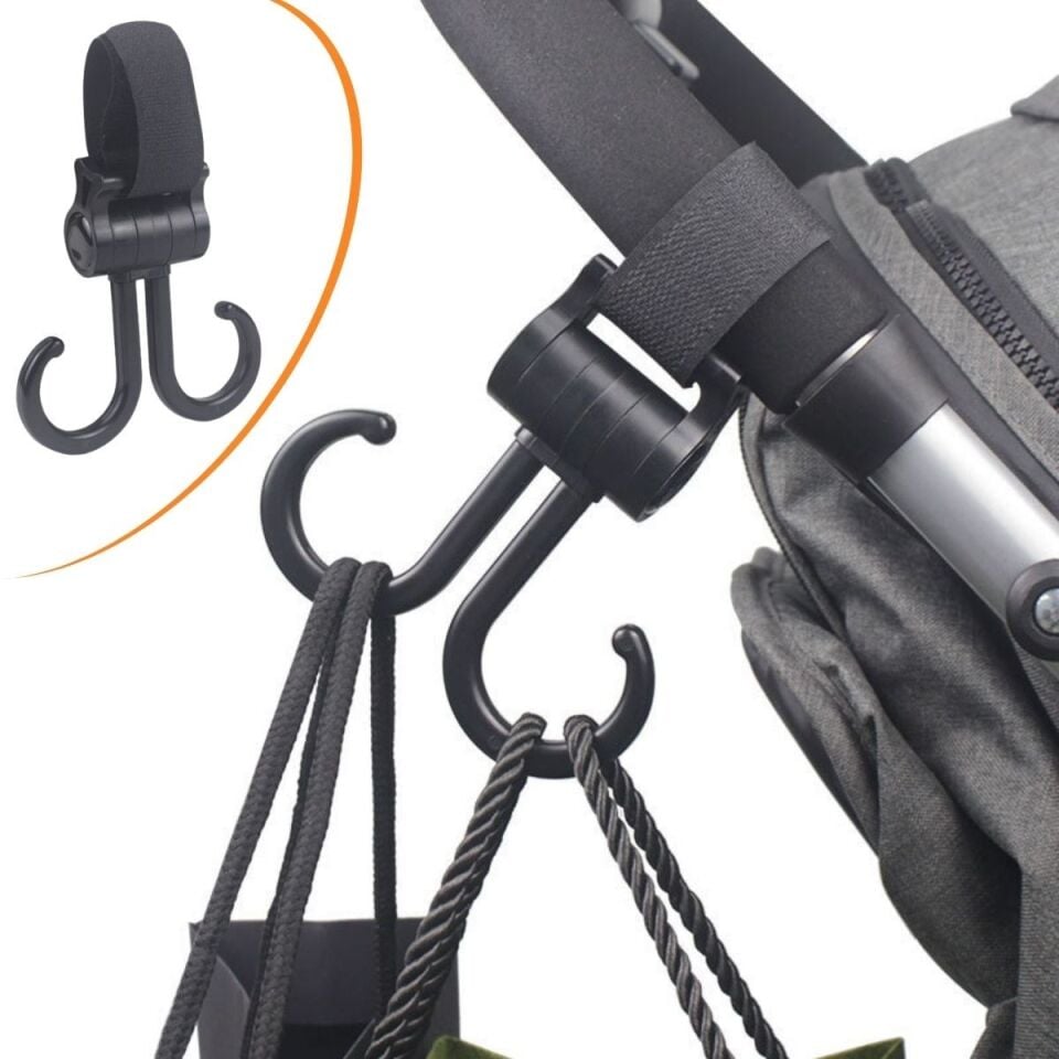 AD 2li Bebek Arabasına Uyumlu Cırtlı  Eşya Taşıma Aparatı 360 Derece Dönebilen Plastik Kanca