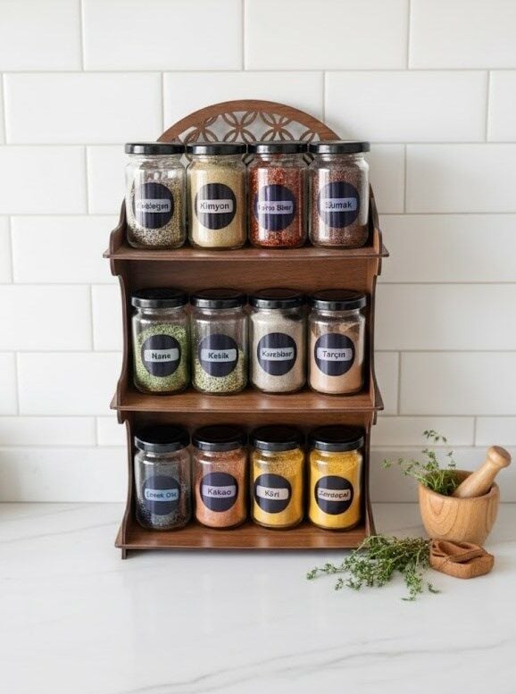 12'li Meşe Rengi Mdf Standlı Dekoratif Baharatlık Seti - Baharatlık Takımı