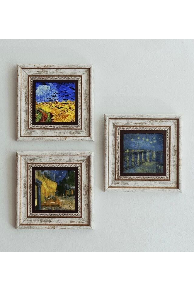 Vincent Van Gogh 3'lü Çerçeveli Taş Tablo , Çerçeveli Taş Duvar Dekoru