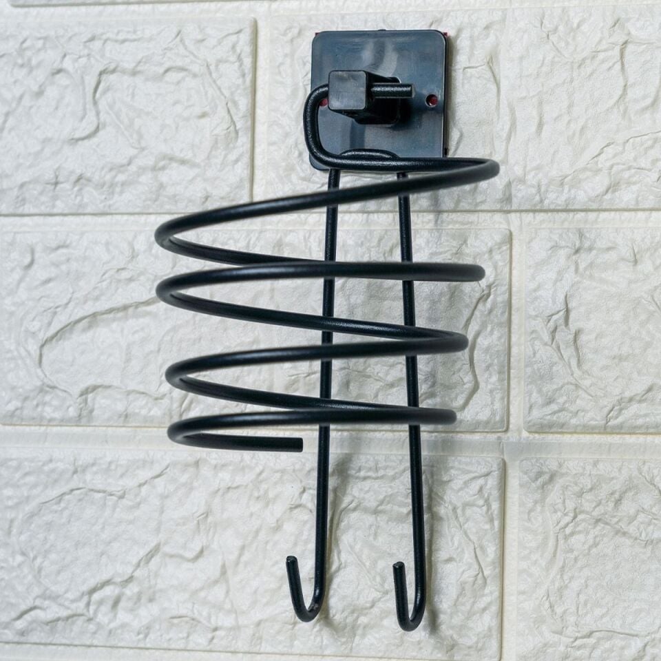 AD Kendiliğinden Yapışkanlı Siyah Paslanmaz Metal Fön Makinesi Askısı Saç Kurutma Makinesi Tutacağı