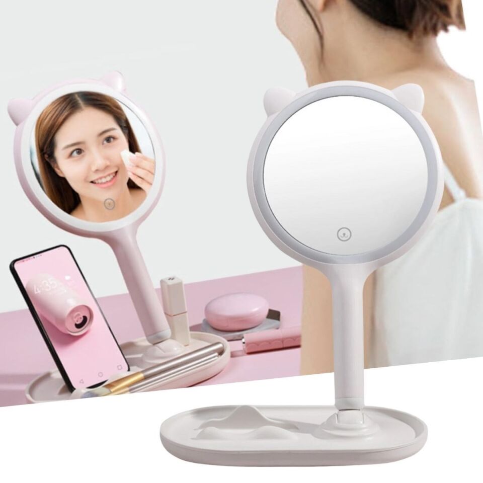 AD Kedi Kulaklı Telefon Standlı Yuvarlak Dokunmatik Led Ayarlı Masa Üstü Makyaj Aynası